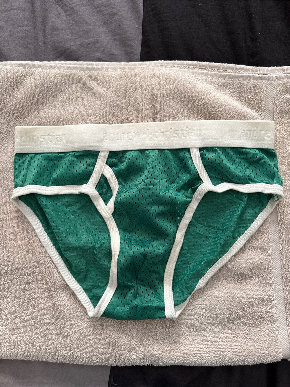 Vintage Andrew Christian Green Mesh Briefs with White Trim